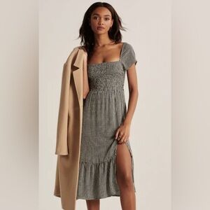 Smocked Square-Neck Midi Dress in Black and White Gingham